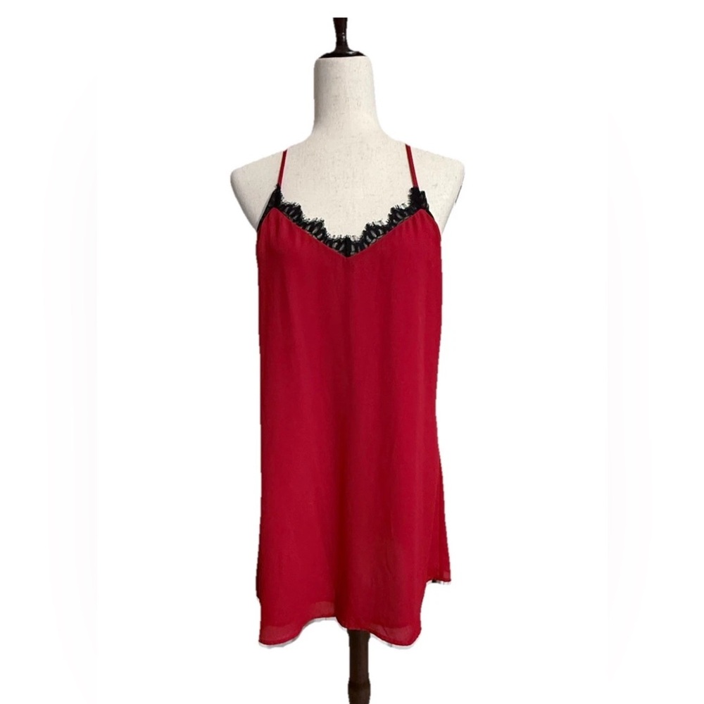 Socialite Red Slip Dress with Black Lace Trim medium